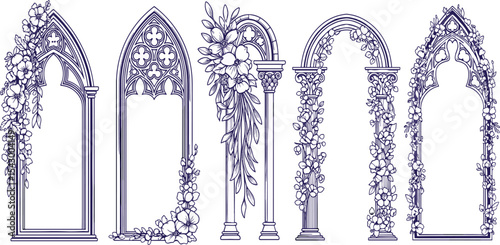 Gothic window frame, hand drawn cloister arch vector border, wedding invitation floral design set. Fantasy vintage medieval portal, celebration romantic flower branch print. Castle pillar gothic frame