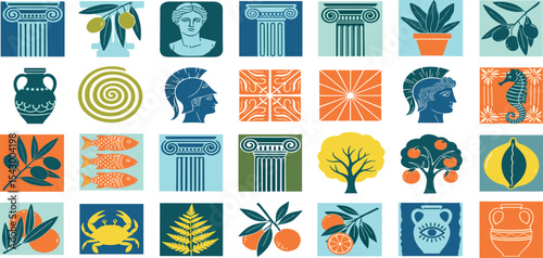 Greek summer travel print, Mediterranean ancient postcard graphic set vintage hand drawn Athens logo. Historical tourism culture stamps, antique sculpture and vase silhouette. Mythology Greek print