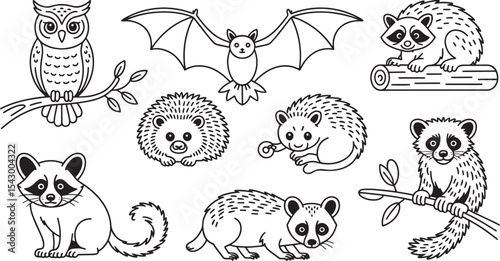 Cute Hand-Drawn Animal Faces Vector Set Including Owl, Bat, Lion, Sloth, Lemur, Hedgehog, and Cat on White Background