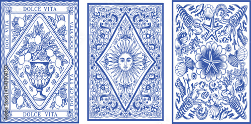  Italy summer bandana print set, Amalfi vector lemon hand drawn square tile, blue mediterranean stamp. Sicilian traditional fashion design, seashell blanket background. Italy textile decoration print