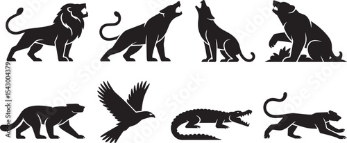 Wild Predator Animal Silhouettes with Jungle Wildlife Including Lion, Panther, Wolf, Eagle, Crocodile, and Tiger
