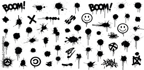 Spray graffiti element set, can splatter brush drip freehand kit, vector urban street black grunge. Cool hand writing stain splash, dirty messy airy ink stroke and circles. Spray graffiti dark splash.