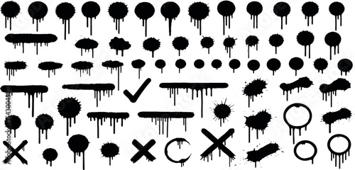 Spray graffiti element set, can splatter vector brush drip freehand kit, urban street black grunge. Cool hand writing stain splash, dirty messy airy ink stroke and circles. Spray graffiti dark splash