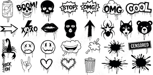 Street spray graffiti element set, sticker kit balaclava, vector grunge etro urban ghetto print. Gangster tattoo kit, underground can hip-hop sign, heart, skull silhouette, arrow. Street graffiti.