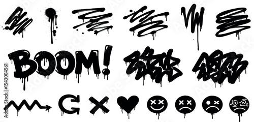 Spray graffiti element set, vector can splatter brush drip freehand kit, urban street black grunge. Cool hand writing stain splash, dirty messy airy ink stroke and circles. Spray graffiti dark splash