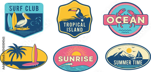 Summer beach postage sticker set, vector exotic ocean doodle print, hand drawn vintage tropical logo. Coastal vacation postal stamps, Hawaii marine emblem, surfboard sign, crab, palm. Summer sticker.
