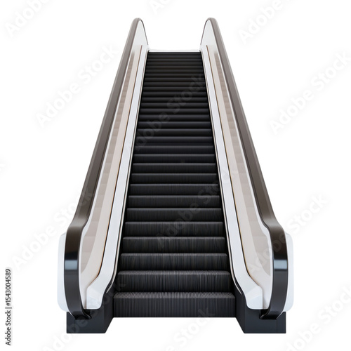 Isolated Transparent Escalator with Black Steps and White Railing
