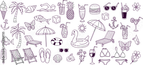 Tropical summer doodle icon set, vector hand drawn exotic vacation line illustration, pool party kit. Hawaii beach holiday rest