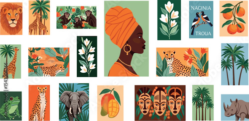 Tropical summer postal stamps, hand drawn African travel postmark stickers, exotic jungle animals. Tourism nature retro postcard print, Hawaii island plant silhouette sticker