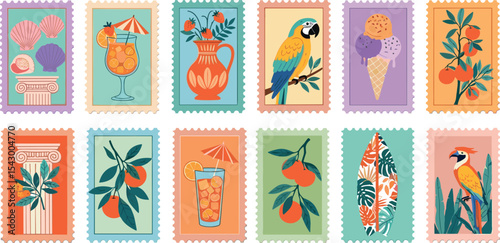 Tropical summer postal travel stamp, hand drawn exotic vacation postage island bird silhouette print. Vintage hand drawn tourism sticker, ocean surfboard, fruit cocktail retro set.