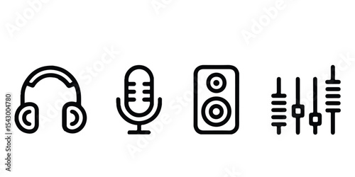 Illustration of audio equipment including headphones microphone speaker and audio mixer sliders icons