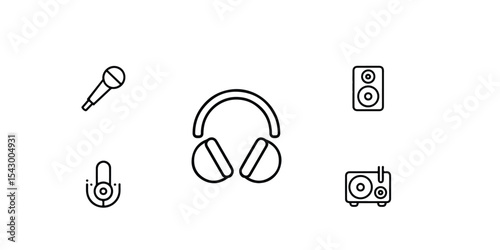 A collection of audio equipment icons including headphones microphone speaker and turntable outline style
