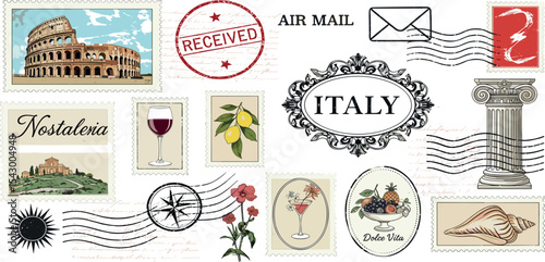 Vintage mail stamp print set, vector summer travel postcard grunge label, antique envelope seal sign. Italian postage letter collection