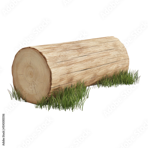 Isolated Wooden Log with Grass on Transparent Background