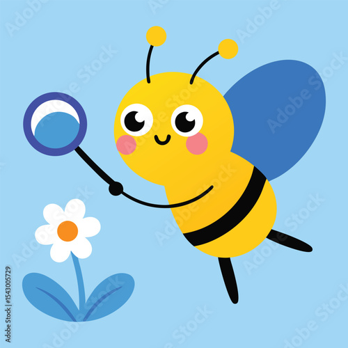 Cartoon cheerful honey bee character flying near a blue flower, holding a magnifying glass and winking playfully. Isolated vector whimsical