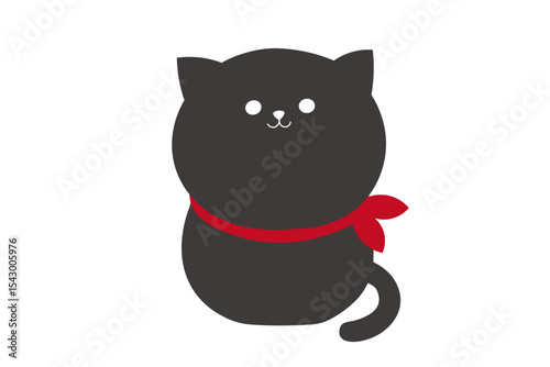 赤いリボンをつけてちょこんと座っているかわいい黒猫	