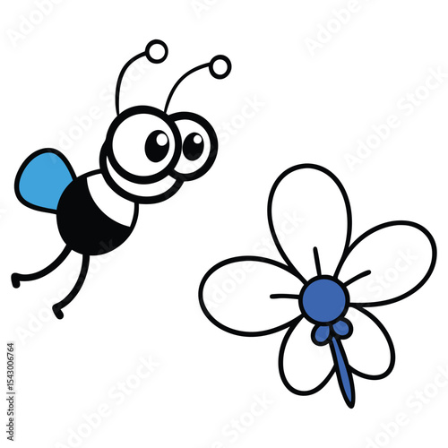Cartoon cheerful honey bee character flying near a blue flower, holding a magnifying glass and winking playfully. Isolated vector whimsical