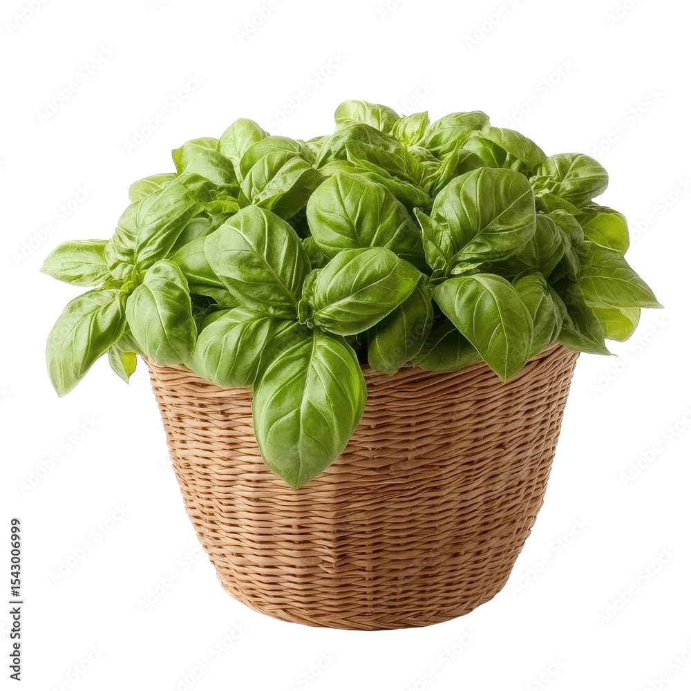Naklejka premium Fresh sweet basil in a woven basket isolated on a Transparent background for culinary use and decoration, Sweet Basil in the basket isolated on PNG background