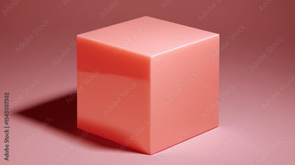 Fototapeta premium 3d rendering of a cube. the cube is square in shape and has a smooth surface. it is a bright coral color and is placed on a plain pink background.