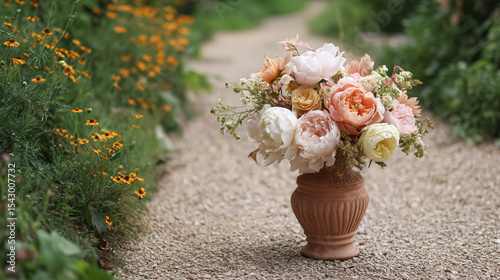 Elegant English garden bouquets in vintage vases, adorned with peonies, tulips and roses and other flowers, displayed in manor garden with dappled light and timeless floral grace