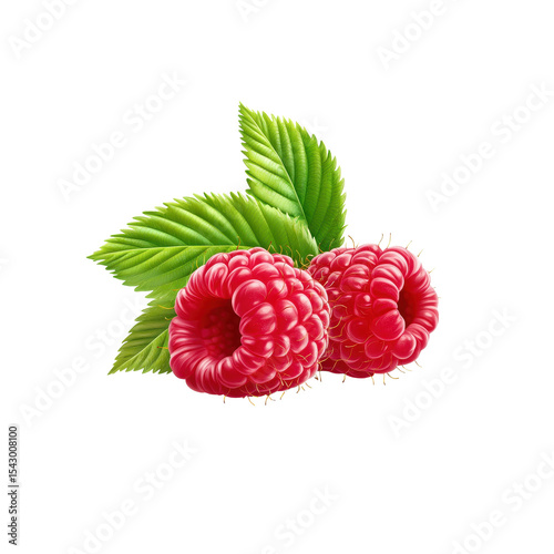 Fresh Raspberry Duo: A vibrant image showcasing a pair of ripe, juicy raspberries, accompanied by lush green leaves, emphasizing the freshness and natural beauty of these delightful berries.