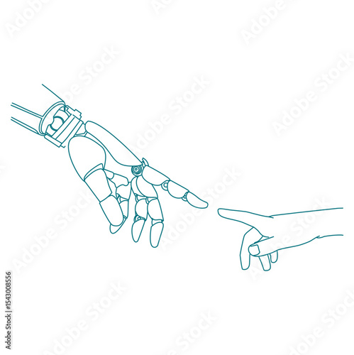 Robot hand and child's hand pointing fingertips