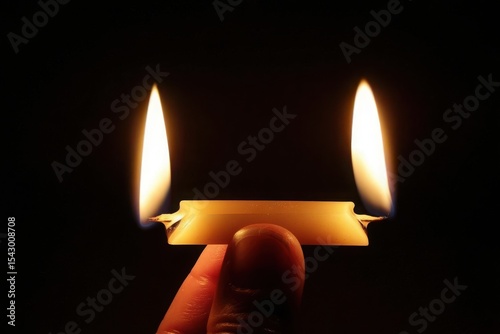Burning at Both Ends: Close-up of a person's finger holding a small, lit candle with two flames against a black background.  Perfect for concepts of hope, remembrance, spirituality, and meditation.