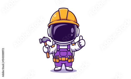 Cartoon Astronaut Construction Worker illustration of an astronaut equipped with a hard hat and tools, giving a thumbs-up, blending space exploration with construction themes.