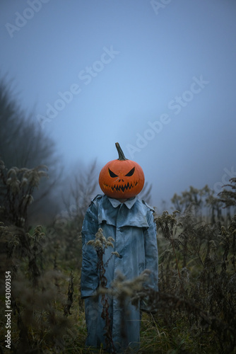Scarecrow in an old torn cloak with a carved pumpkin head in misty autumn field. Halloween concept