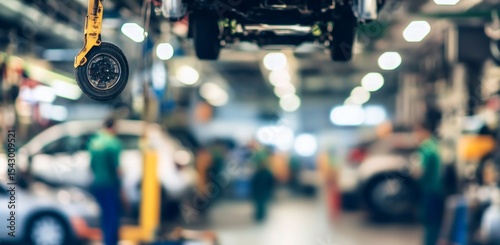 Blurred View Of Cars Under Lift In Auto Repair Shop