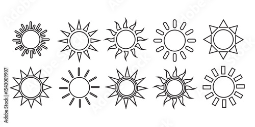Sun icon set. Yellow sun star icons collection. Summer, sunlight, nature, sky. Vector illustration isolated on white background.