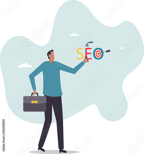 SEO, search engine optimization to drive traffic or visitor to website, improve search result ranking gain more visibility.character for design.