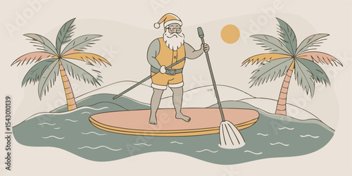 Santa claus paddleboarding in tropical beach paradise with palm trees and a warm sun shining above him