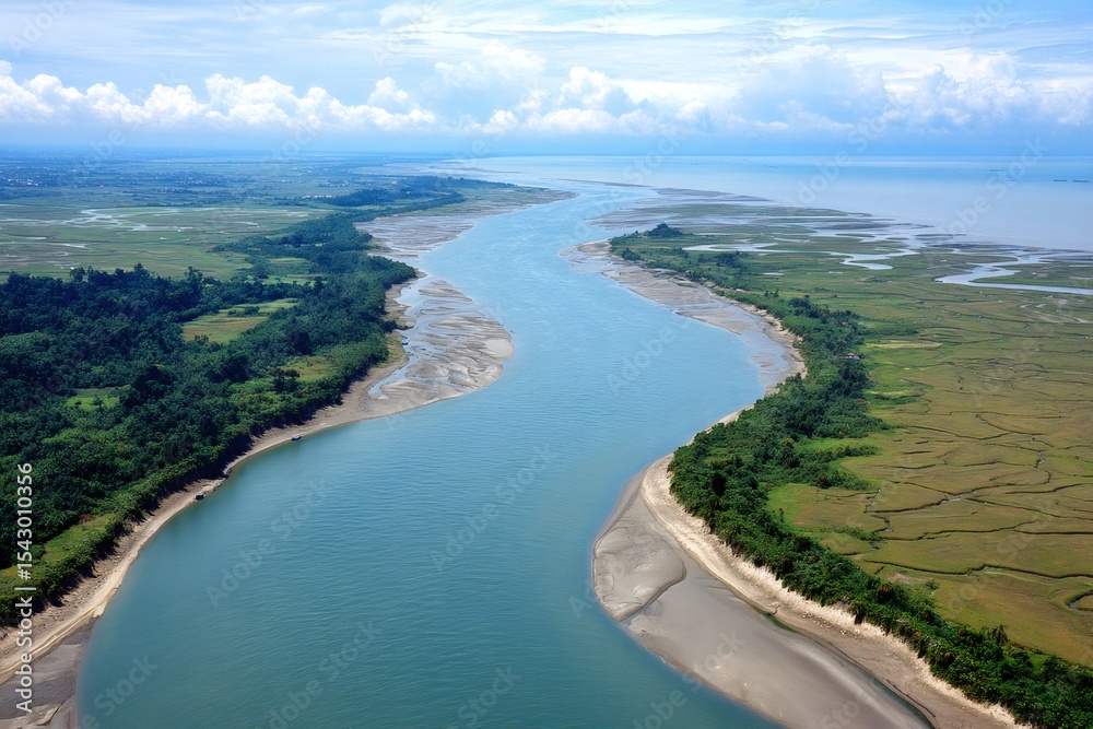 Obraz premium Wide river flowing into the bay of bengal creating lush green vegetation