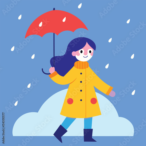  a rainy day in which a girl wearing an umbrella in a raincoat is enjoying the rain