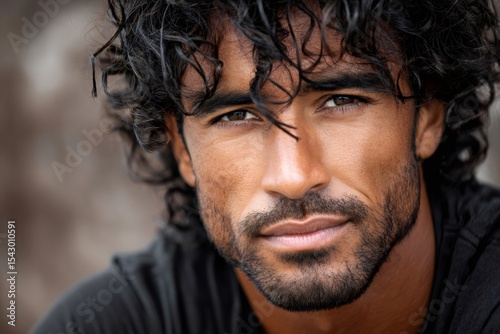 Portrait of a handsome bearded man with long curly hair posing
