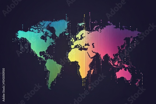 Pixel-style world map with rainbow color transition, minimalist design