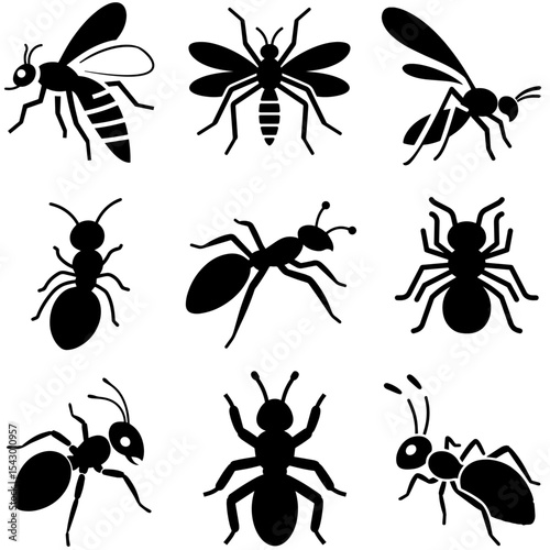 Vector Set of 9 Black Ant and Insect Silhouettes in Various Poses — Editable Bug Icons for Science Education, Pest Control Design, and Nature Illustration Projects