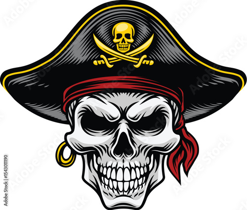 A pirate skull in a captain hat skeleton vintage woodcut style design