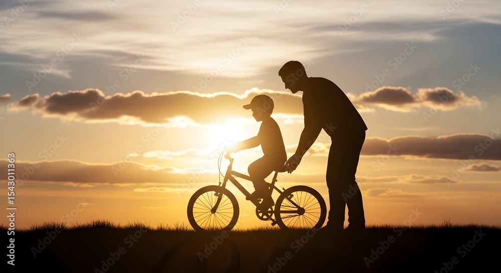 Obraz premium Father Teaching Son to Ride a Bike at Sunset A Silhouette of Cherished Moments
