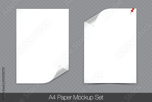 Realistic white A4 Paper Mockup Set with coiled and folded edges pinned with red push pins. Vector (EPS) paper templates with soft realistic shadow isolated on transparent background, easy to edit
