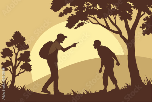 Two male silhouettes arguing intensely under trees during golden sunset