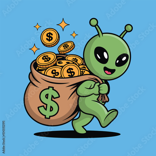 Cute Alien Carrying a Bag of Gold Coins