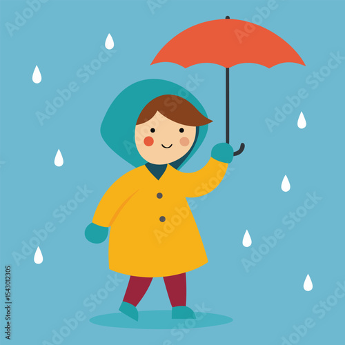  a rainy day in which a girl wearing an umbrella in a raincoat is enjoying the rain