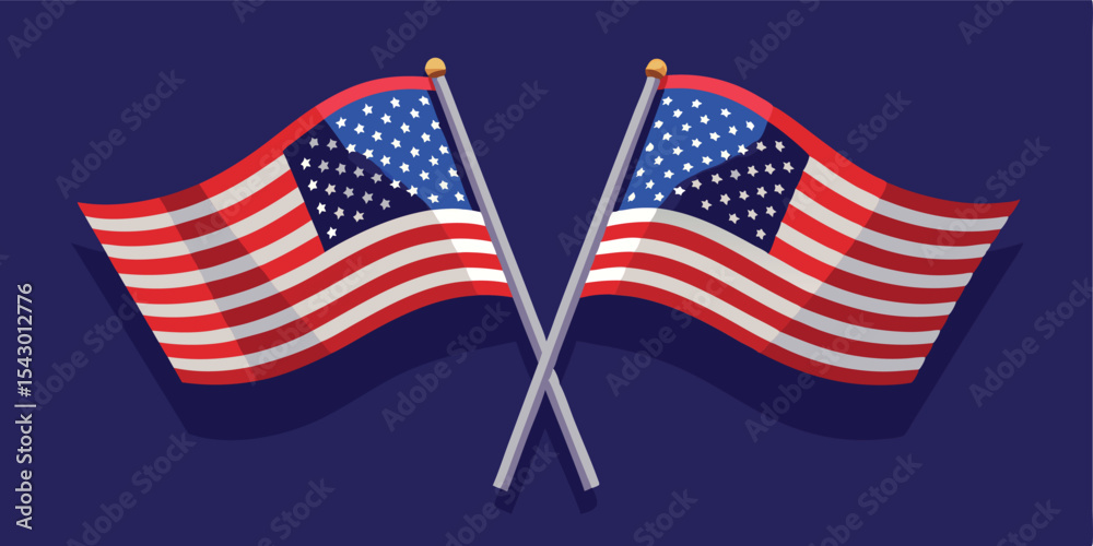Two american flags crossed on a blue background waving with red and white stripes and stars field Two american flags crossed on a blue background waving with red and white stripes and stars field