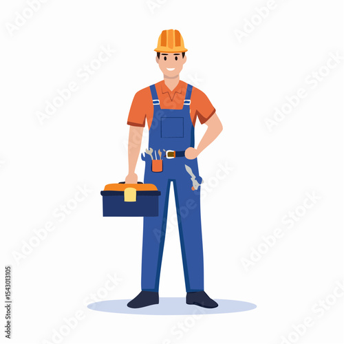 Skilled Worker: A friendly and confident worker in blue overalls and a hard hat stands proudly, holding a toolbox filled with essential tools.