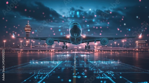 Futuristic airplane landing at night