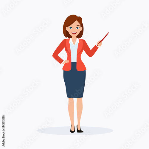 Businesswoman Pointing: A professional woman in a business suit confidently points with a red pointer. She is an inspiring role model.