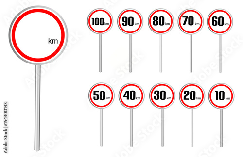 flat speed limit sign set on white background. Road speed limit sign is circular and its pole. 100 km per hour to 10 km per hour and blank sign