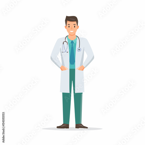 Smiling Doctor: A friendly and approachable doctor in a white coat and teal trousers, standing with his hands in his pockets, offers a reassuring smile. 